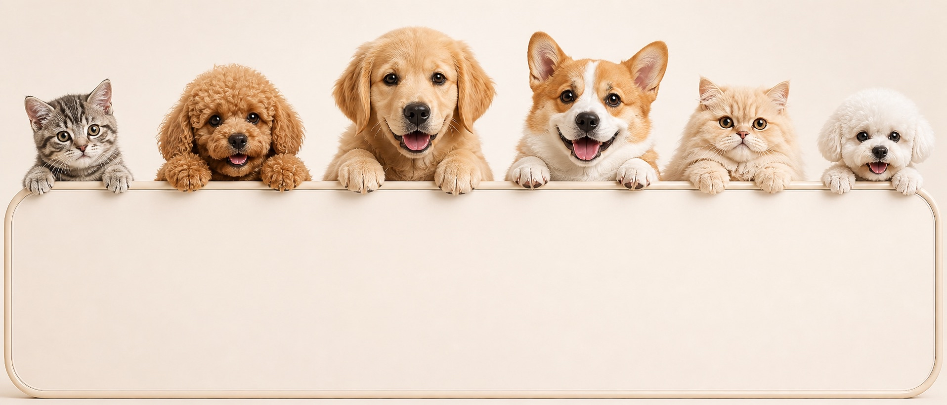 Happy pets peeking over a banner β PawPlug