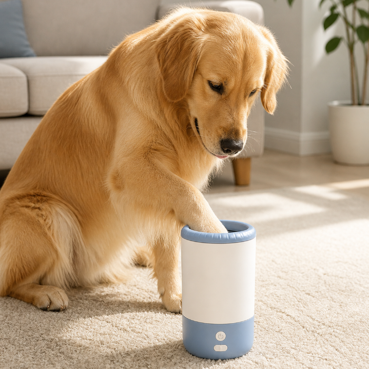 Dog using the PawPlug Automatic Paw Cleaner